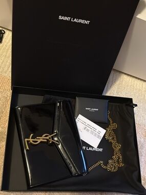 Saint Laurent Black Patent Leather Clutch with Gold Chain crossbody